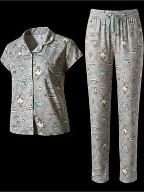 SUKO Repose 2 Piece Pajama Set Short Sleeve Top, Pants Bottoms, Dog Motif